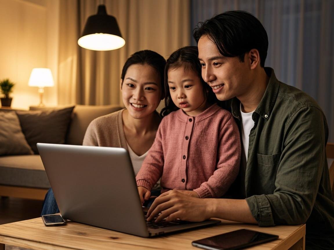 Family enjoying technology at home